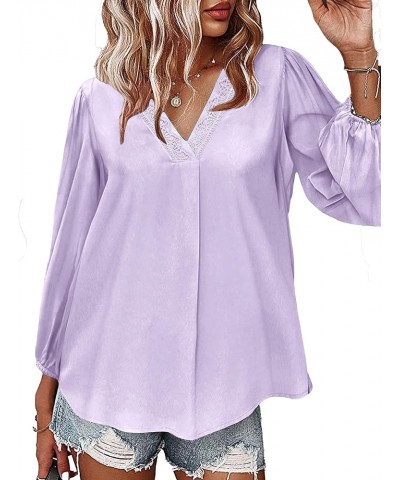 Long Sleeve Blouses for Women, Satin Tops Work Blouses Casual Business Shirts Lace V Neck Tunic Tops Purple $11.75 Tops