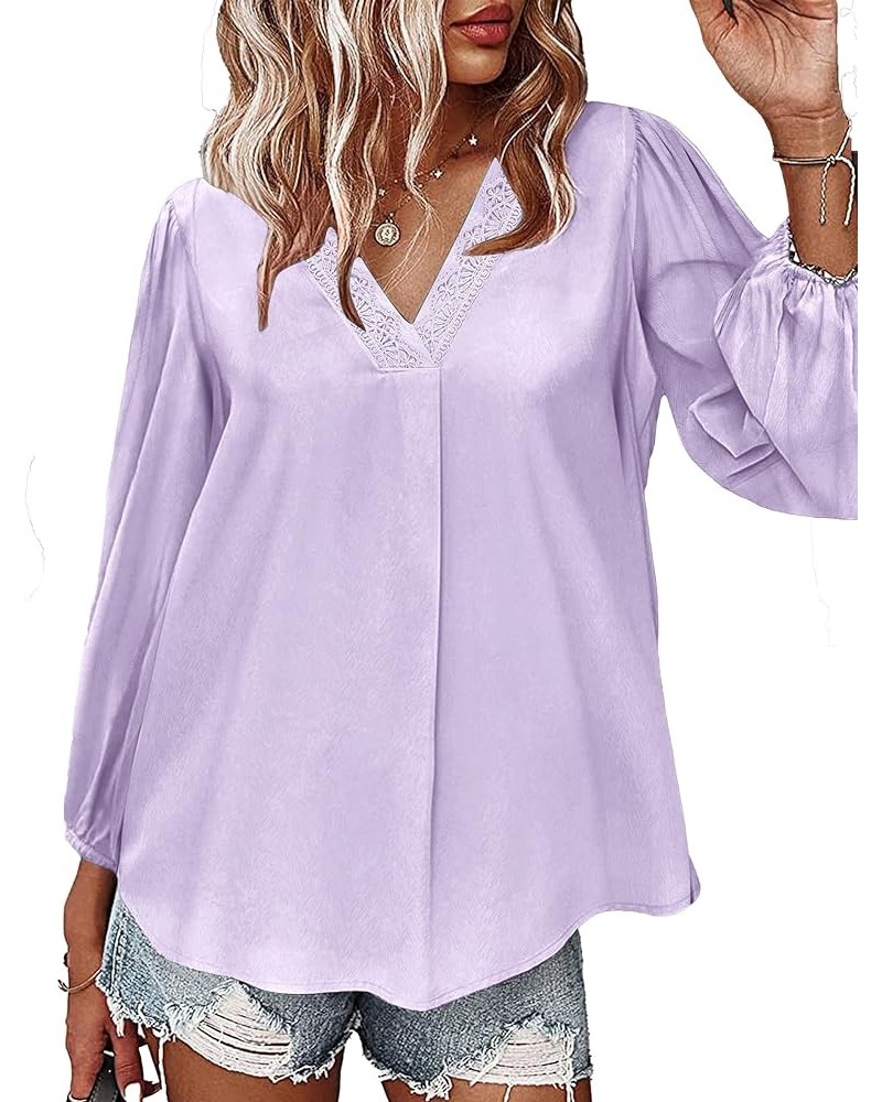 Long Sleeve Blouses for Women, Satin Tops Work Blouses Casual Business Shirts Lace V Neck Tunic Tops Purple $11.75 Tops