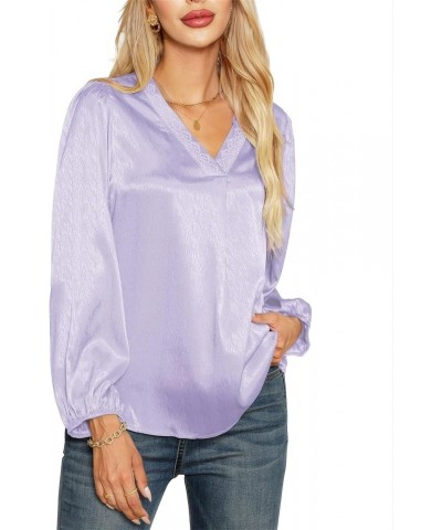 Long Sleeve Blouses for Women, Satin Tops Work Blouses Casual Business Shirts Lace V Neck Tunic Tops Purple $11.75 Tops