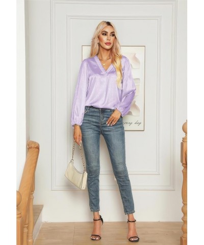 Long Sleeve Blouses for Women, Satin Tops Work Blouses Casual Business Shirts Lace V Neck Tunic Tops Purple $11.75 Tops