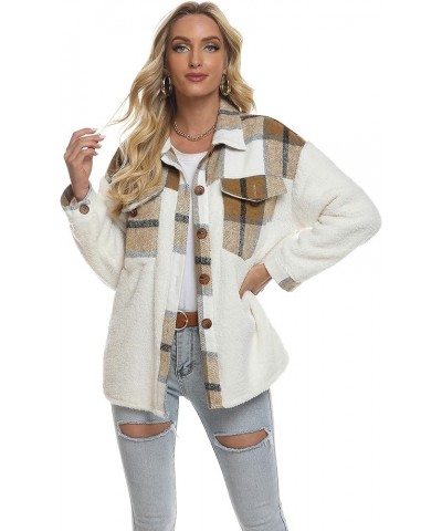 Women's Plaid Brushed Flannel Shacket Sherpa Patchwork Button Down Shirt 1 Khaki-fleece $23.59 Blouses