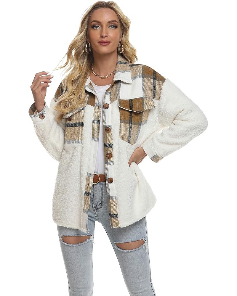 Women's Plaid Brushed Flannel Shacket Sherpa Patchwork Button Down Shirt 1 Khaki-fleece $23.59 Blouses