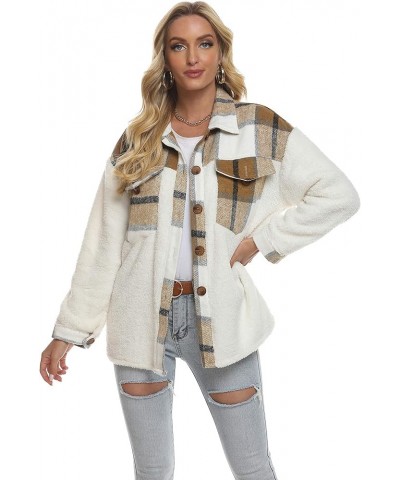 Women's Plaid Brushed Flannel Shacket Sherpa Patchwork Button Down Shirt 1 Khaki-fleece $23.59 Blouses