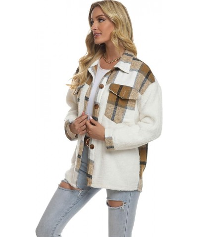 Women's Plaid Brushed Flannel Shacket Sherpa Patchwork Button Down Shirt 1 Khaki-fleece $23.59 Blouses