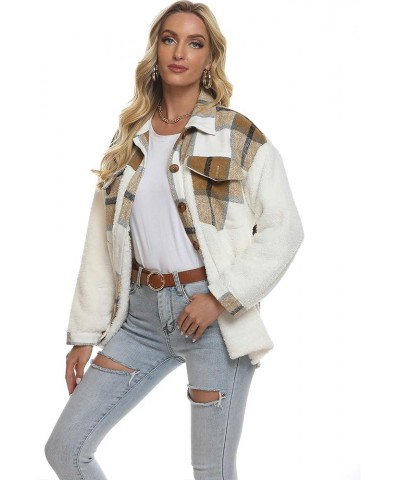 Women's Plaid Brushed Flannel Shacket Sherpa Patchwork Button Down Shirt 1 Khaki-fleece $23.59 Blouses