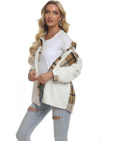 Women's Plaid Brushed Flannel Shacket Sherpa Patchwork Button Down Shirt 1 Khaki-fleece $23.59 Blouses