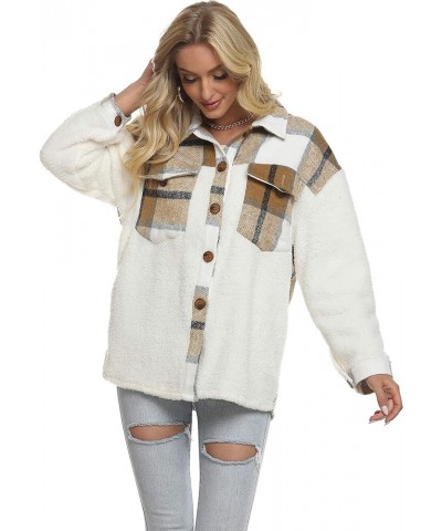 Women's Plaid Brushed Flannel Shacket Sherpa Patchwork Button Down Shirt 1 Khaki-fleece $23.59 Blouses