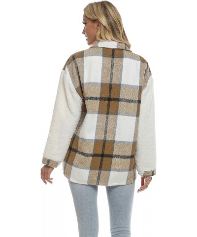 Women's Plaid Brushed Flannel Shacket Sherpa Patchwork Button Down Shirt 1 Khaki-fleece $23.59 Blouses