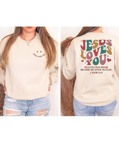 Jesus Loves You Christian Sweatshirt, Christian 2 Sided Sweatshirt, Words On Back Sweatshirt Light Blue $16.38 Activewear