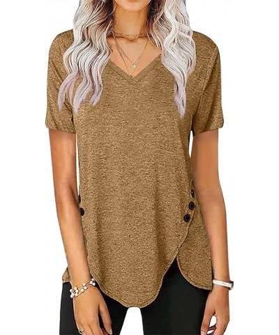 Womens Tunic Tops Fashion Solid Color Zipper Shirts Long Sleeve V-Neck Button Trim Blouse Pullover F-brown $11.00 Tops