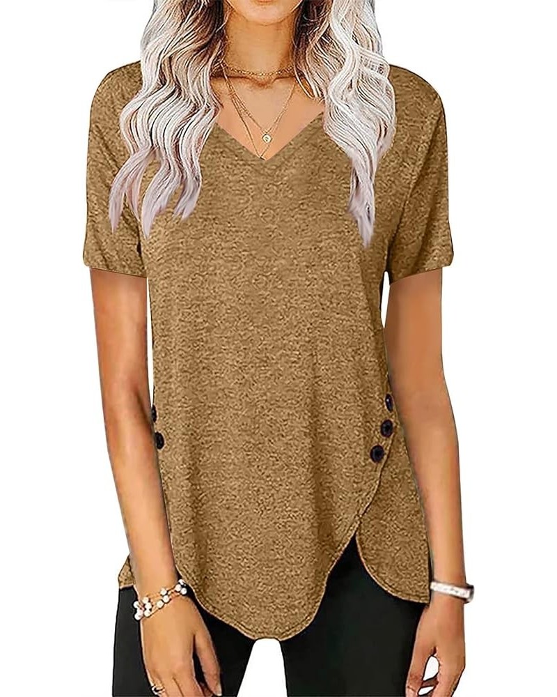 Womens Tunic Tops Fashion Solid Color Zipper Shirts Long Sleeve V-Neck Button Trim Blouse Pullover F-brown $11.00 Tops