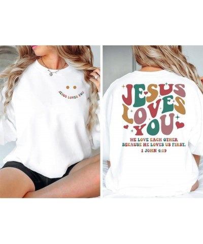 Jesus Loves You Christian Sweatshirt, Christian 2 Sided Sweatshirt, Words On Back Sweatshirt Light Blue $16.38 Activewear