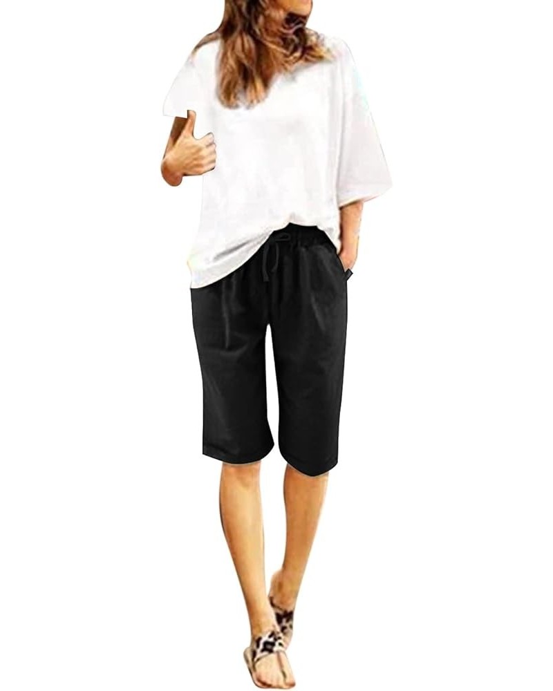 Bermuda Shorts for Women,Womens Bermuda Shorts Plus Size Elastic Waist Trendy Knee-Length Drawstring Bermuda Shorts Z1-black ...