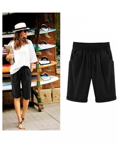 Bermuda Shorts for Women,Womens Bermuda Shorts Plus Size Elastic Waist Trendy Knee-Length Drawstring Bermuda Shorts Z1-black ...