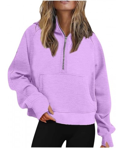 Womens Quarter Zip Sweatshirt 2023 Fleece Oversized Sweaters Cropped Pullover Hoodies Fall Trendy Outfits Clothing J018-purpl...