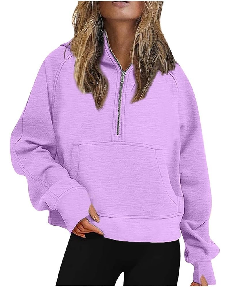 Womens Quarter Zip Sweatshirt 2023 Fleece Oversized Sweaters Cropped Pullover Hoodies Fall Trendy Outfits Clothing J018-purpl...