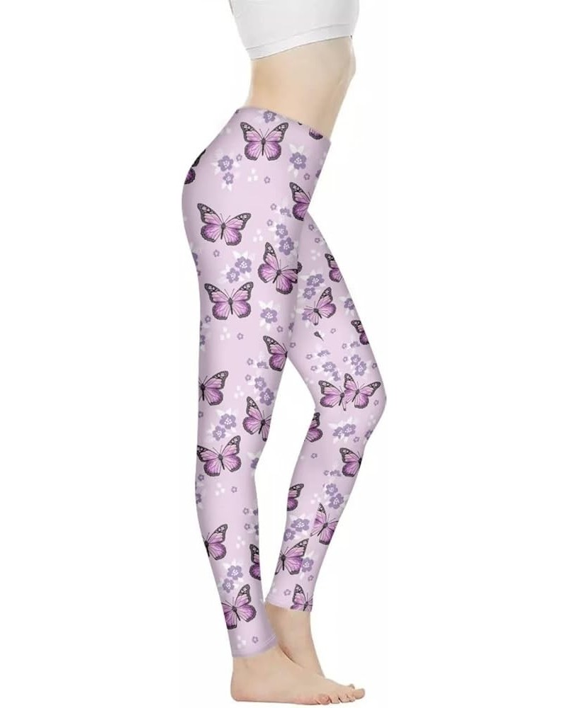 Women Yoga Pants Tummy Control Workout Leggings Stretch Fitness Tights Butt Lifting Purple Floral Butterfly $11.20 Leggings