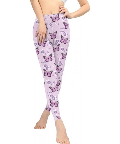 Women Yoga Pants Tummy Control Workout Leggings Stretch Fitness Tights Butt Lifting Purple Floral Butterfly $11.20 Leggings