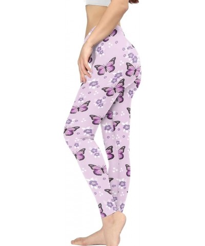 Women Yoga Pants Tummy Control Workout Leggings Stretch Fitness Tights Butt Lifting Purple Floral Butterfly $11.20 Leggings