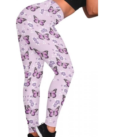 Women Yoga Pants Tummy Control Workout Leggings Stretch Fitness Tights Butt Lifting Purple Floral Butterfly $11.20 Leggings