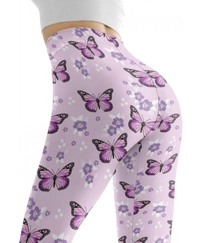 Women Yoga Pants Tummy Control Workout Leggings Stretch Fitness Tights Butt Lifting Purple Floral Butterfly $11.20 Leggings