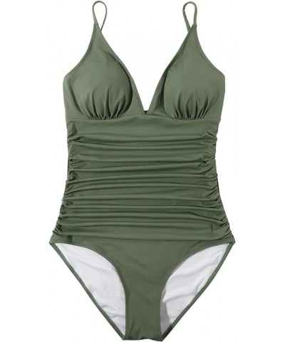 Women V Neck One Piece Swimsuits Tummy Control Ruched Swimwear Halter Bathing Suit Army Green-2 $19.13 Swimsuits