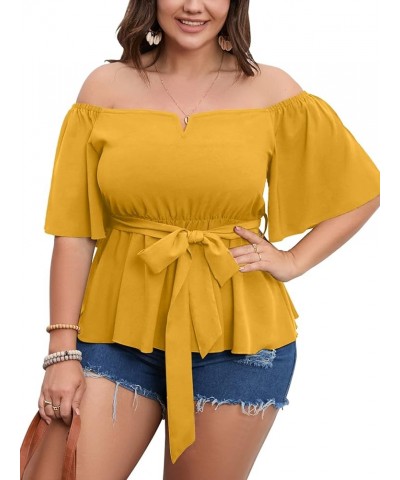 Women's Plus Size Off The Shoulder Peplum Blouse Top Half Bell Sleeve Tie Waist Ruffle Hem Babydoll Tops Mustard $19.75 Blouses