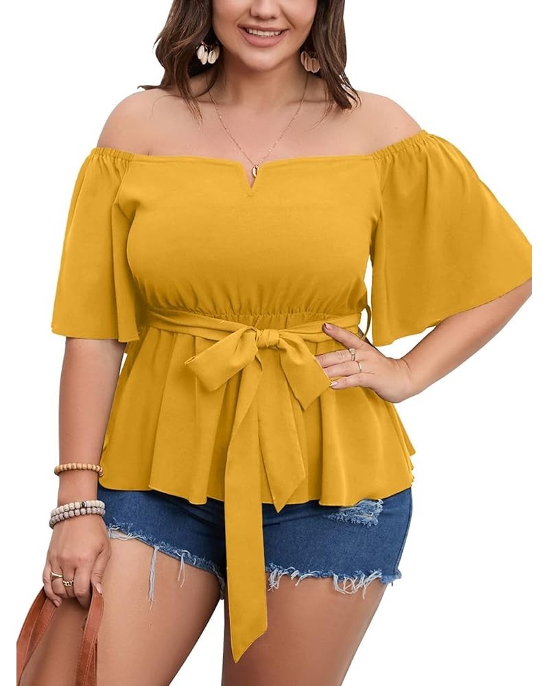 Women's Plus Size Off The Shoulder Peplum Blouse Top Half Bell Sleeve Tie Waist Ruffle Hem Babydoll Tops Mustard $19.75 Blouses