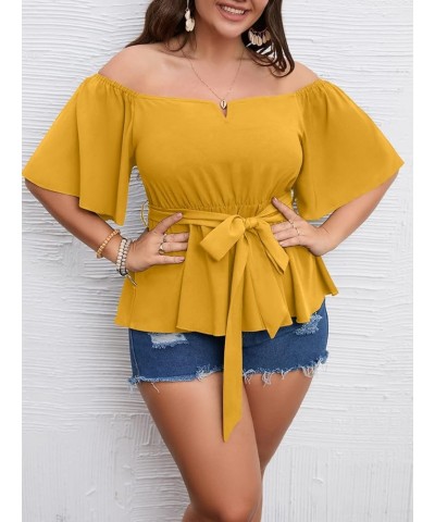 Women's Plus Size Off The Shoulder Peplum Blouse Top Half Bell Sleeve Tie Waist Ruffle Hem Babydoll Tops Mustard $19.75 Blouses