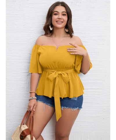 Women's Plus Size Off The Shoulder Peplum Blouse Top Half Bell Sleeve Tie Waist Ruffle Hem Babydoll Tops Mustard $19.75 Blouses