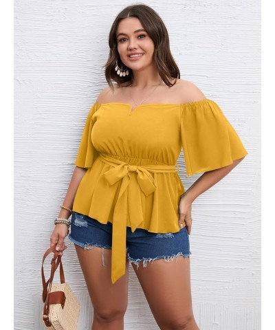 Women's Plus Size Off The Shoulder Peplum Blouse Top Half Bell Sleeve Tie Waist Ruffle Hem Babydoll Tops Mustard $19.75 Blouses