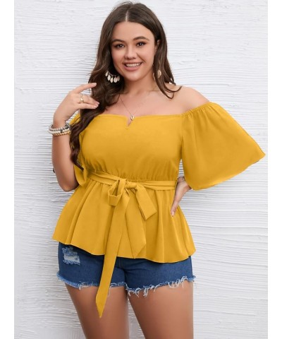 Women's Plus Size Off The Shoulder Peplum Blouse Top Half Bell Sleeve Tie Waist Ruffle Hem Babydoll Tops Mustard $19.75 Blouses