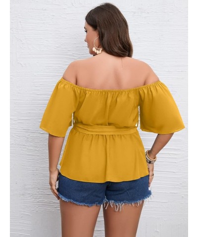 Women's Plus Size Off The Shoulder Peplum Blouse Top Half Bell Sleeve Tie Waist Ruffle Hem Babydoll Tops Mustard $19.75 Blouses