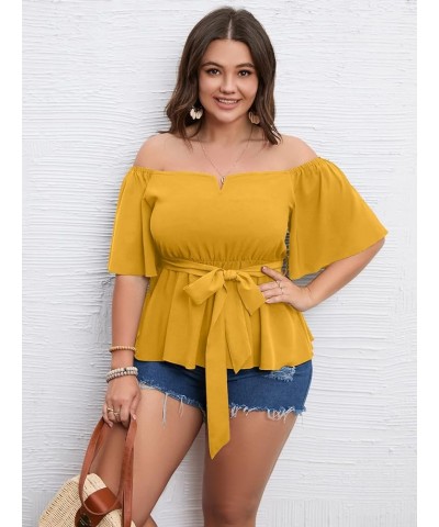 Women's Plus Size Off The Shoulder Peplum Blouse Top Half Bell Sleeve Tie Waist Ruffle Hem Babydoll Tops Mustard $19.75 Blouses