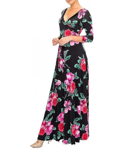 Women's Paris Bohemian V-Neck Printed 3/4 Sleeve Faux Wrap Long Maxi Resort Dress Black Pink $23.18 Dresses