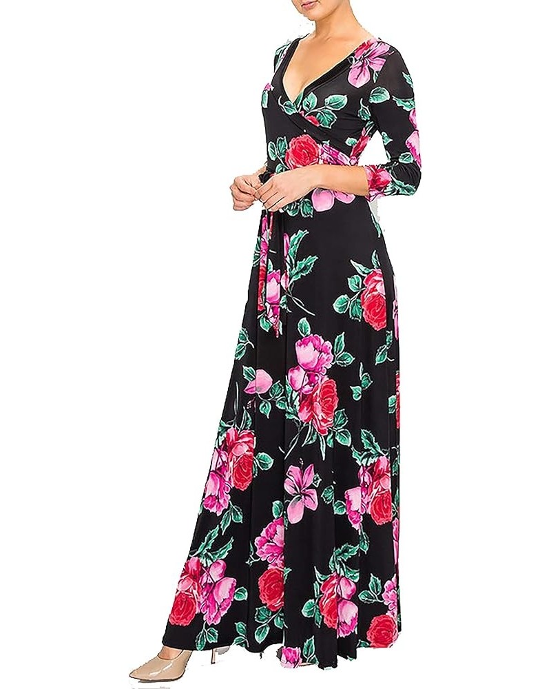 Women's Paris Bohemian V-Neck Printed 3/4 Sleeve Faux Wrap Long Maxi Resort Dress Black Pink $23.18 Dresses