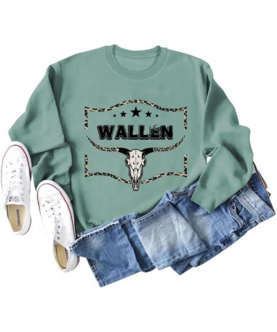 Country Music Sweatshirts for Women Vintage Western Wallen Cow Skull Graphic Crew Neck Sweatshirt Casual Pullover Top Light G...