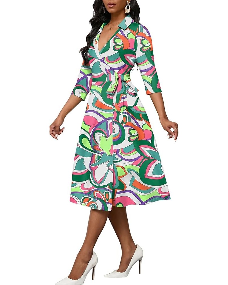 Women's Wrap Dress 3/4 Sleeve Midi Dress for Women V Neck Casual A-Line Dresses with Pockets and Belt 1-lime Green $19.36 Dre...