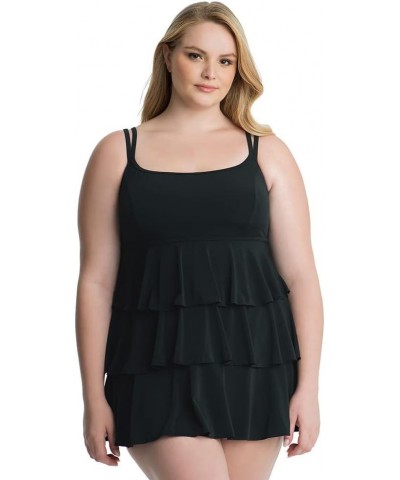 Women's Plus Size Swimwear Black Tie Triple Tier One Piece Swimdress Black $35.03 Swimsuits