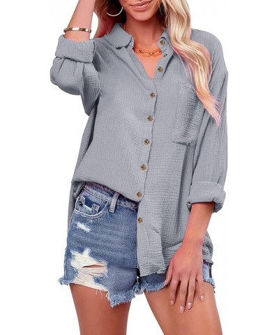 Womens Button Down Shirts Cotton Long Sleeve Oversized Boyfriend Blouses Collared Dress Tops with Pockets Gray $13.99 Tops