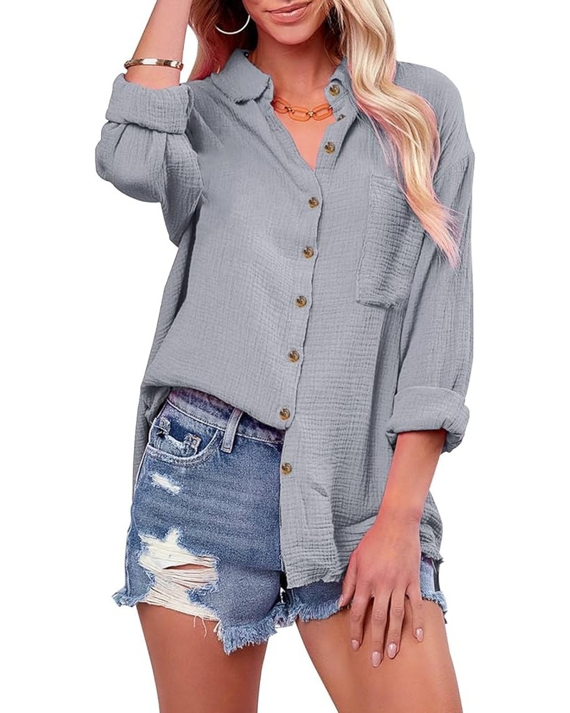 Womens Button Down Shirts Cotton Long Sleeve Oversized Boyfriend Blouses Collared Dress Tops with Pockets Gray $13.99 Tops