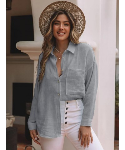 Womens Button Down Shirts Cotton Long Sleeve Oversized Boyfriend Blouses Collared Dress Tops with Pockets Gray $13.99 Tops