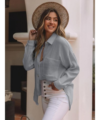 Womens Button Down Shirts Cotton Long Sleeve Oversized Boyfriend Blouses Collared Dress Tops with Pockets Gray $13.99 Tops