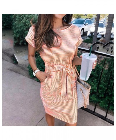 Midi Dresses for Women 2023 Summer Spring Striped Belted Pencil Dress Business Casual Short Sleeve Dress with Pocket A-orange...