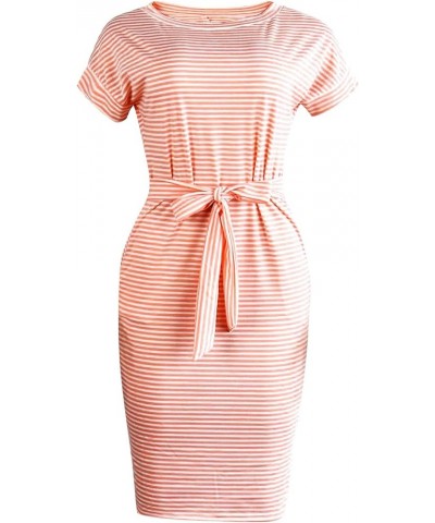 Midi Dresses for Women 2023 Summer Spring Striped Belted Pencil Dress Business Casual Short Sleeve Dress with Pocket A-orange...