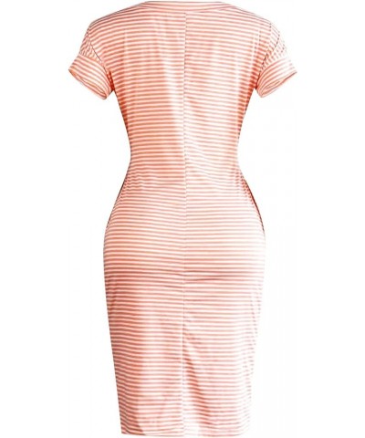 Midi Dresses for Women 2023 Summer Spring Striped Belted Pencil Dress Business Casual Short Sleeve Dress with Pocket A-orange...