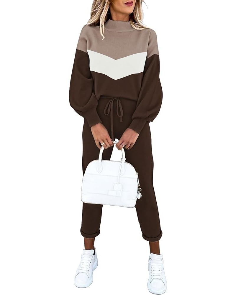 Women's Two Piece Outfits Sweater Sets Knit Pullover with Drawstring Long Pants Tracksuit Lounge Set Brown $21.16 Activewear