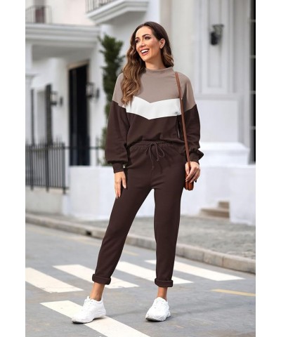 Women's Two Piece Outfits Sweater Sets Knit Pullover with Drawstring Long Pants Tracksuit Lounge Set Brown $21.16 Activewear