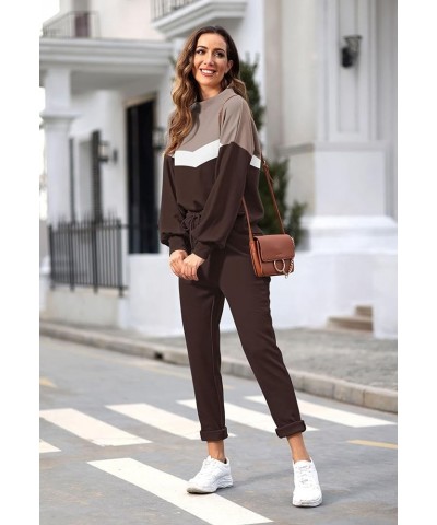 Women's Two Piece Outfits Sweater Sets Knit Pullover with Drawstring Long Pants Tracksuit Lounge Set Brown $21.16 Activewear