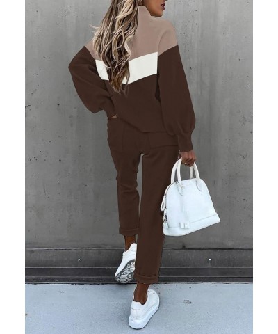 Women's Two Piece Outfits Sweater Sets Knit Pullover with Drawstring Long Pants Tracksuit Lounge Set Brown $21.16 Activewear